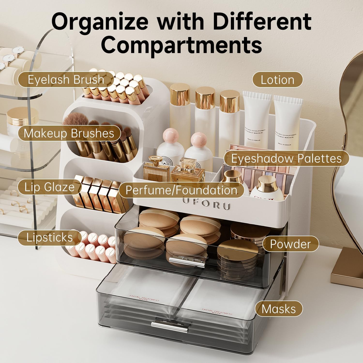 Makeup Organizer for Vanity with Brush Holder, Countertop Skincare Organizer with 2 Drawers, Spacious Cosmetic Display Case for Perfumes, Eyeshadow Palettes, Nail Polishes — ChinaHub