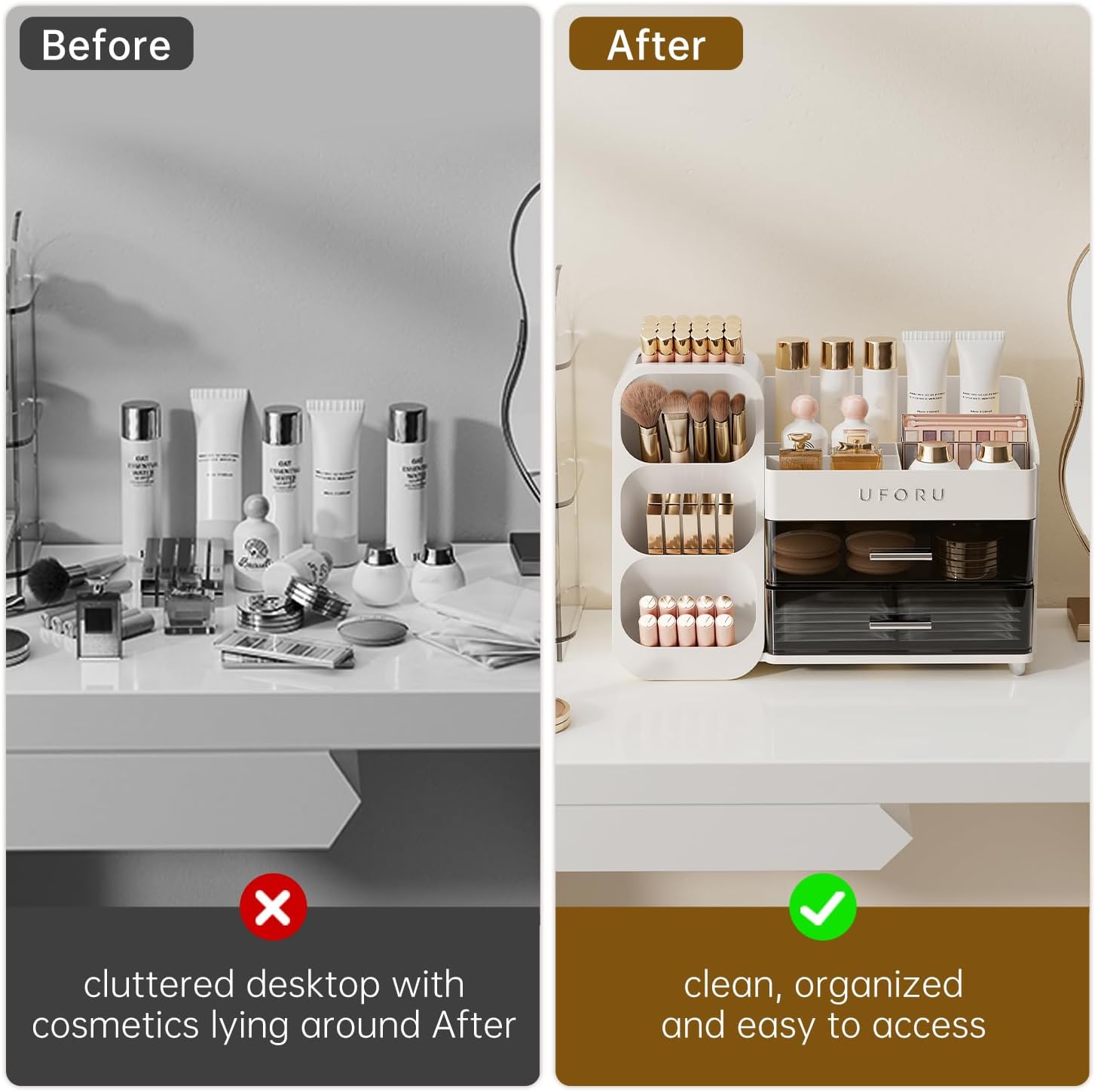 Makeup Organizer for Vanity with Brush Holder, Countertop Skincare Organizer with 2 Drawers, Spacious Cosmetic Display Case for Perfumes, Eyeshadow Palettes, Nail Polishes — ChinaHub