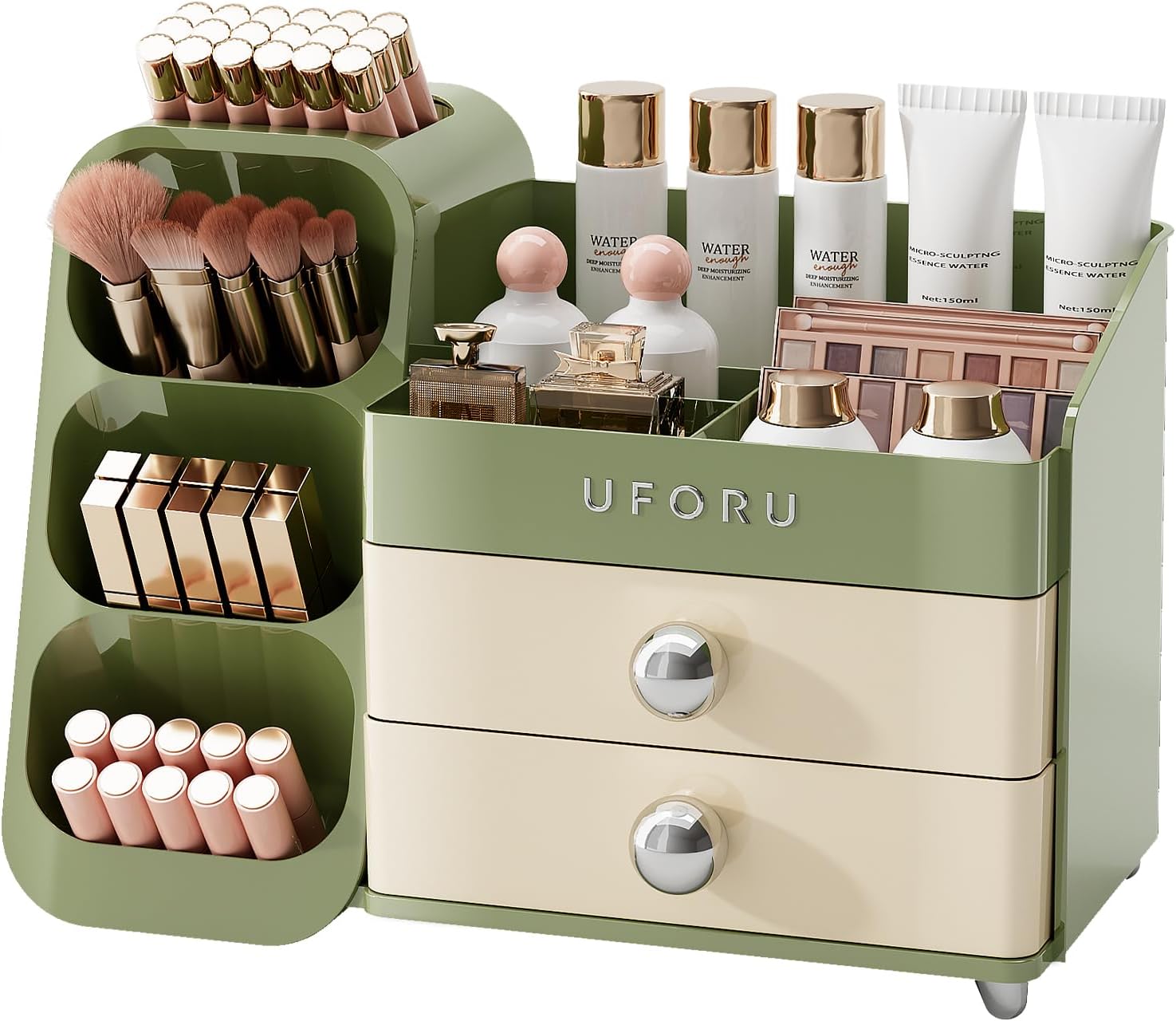Makeup Organizer for Vanity with Brush Holder, Countertop Skincare Organizer with 2 Drawers, Spacious Cosmetic Display Case for Perfumes, Eyeshadow Palettes, Nail Polishes — ChinaHub